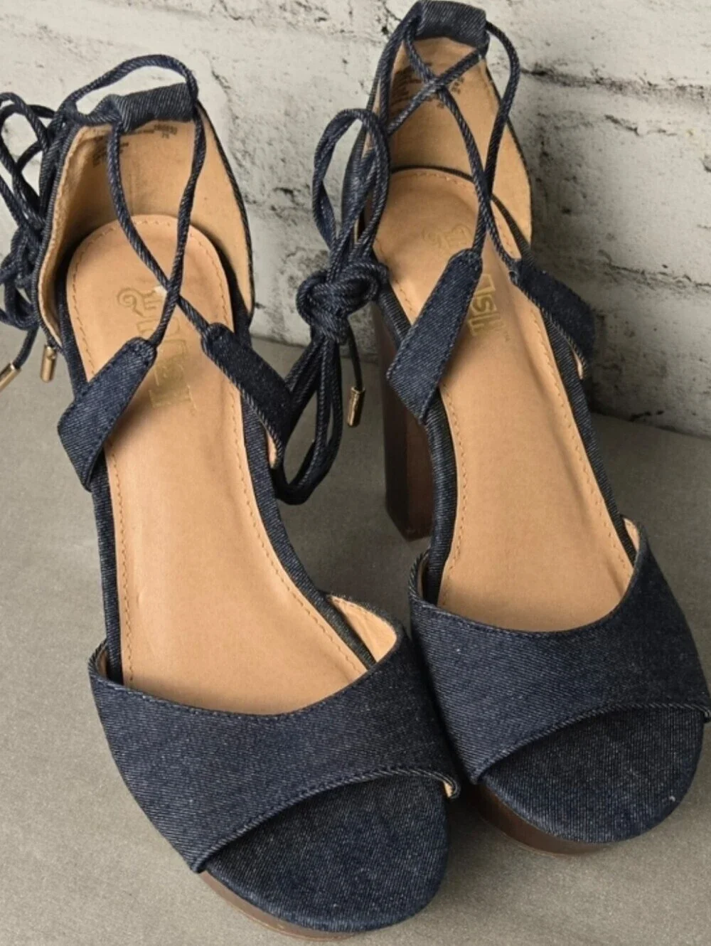 Brash Denim Lace Up Platform Heels Chunky Wooden Sandals Size 8.5